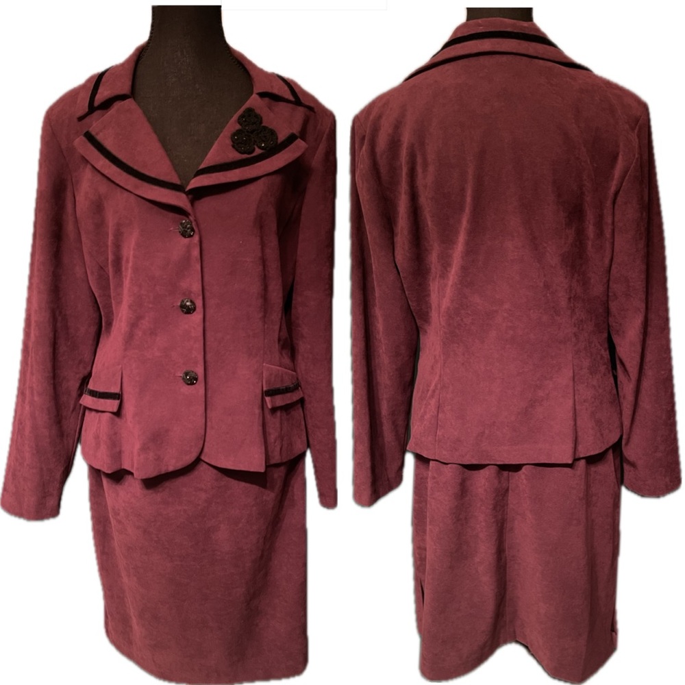 Vintage 90s Sheri Martin NY Raspberry Wine Faux Suede Velvet Trim 2pc Skirt Suit